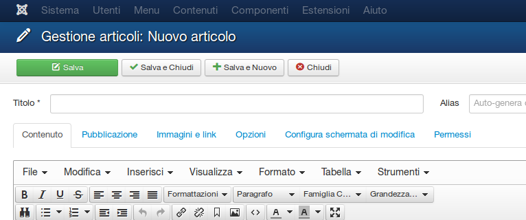 Schermata nuovo articolo di Joomla 3.x